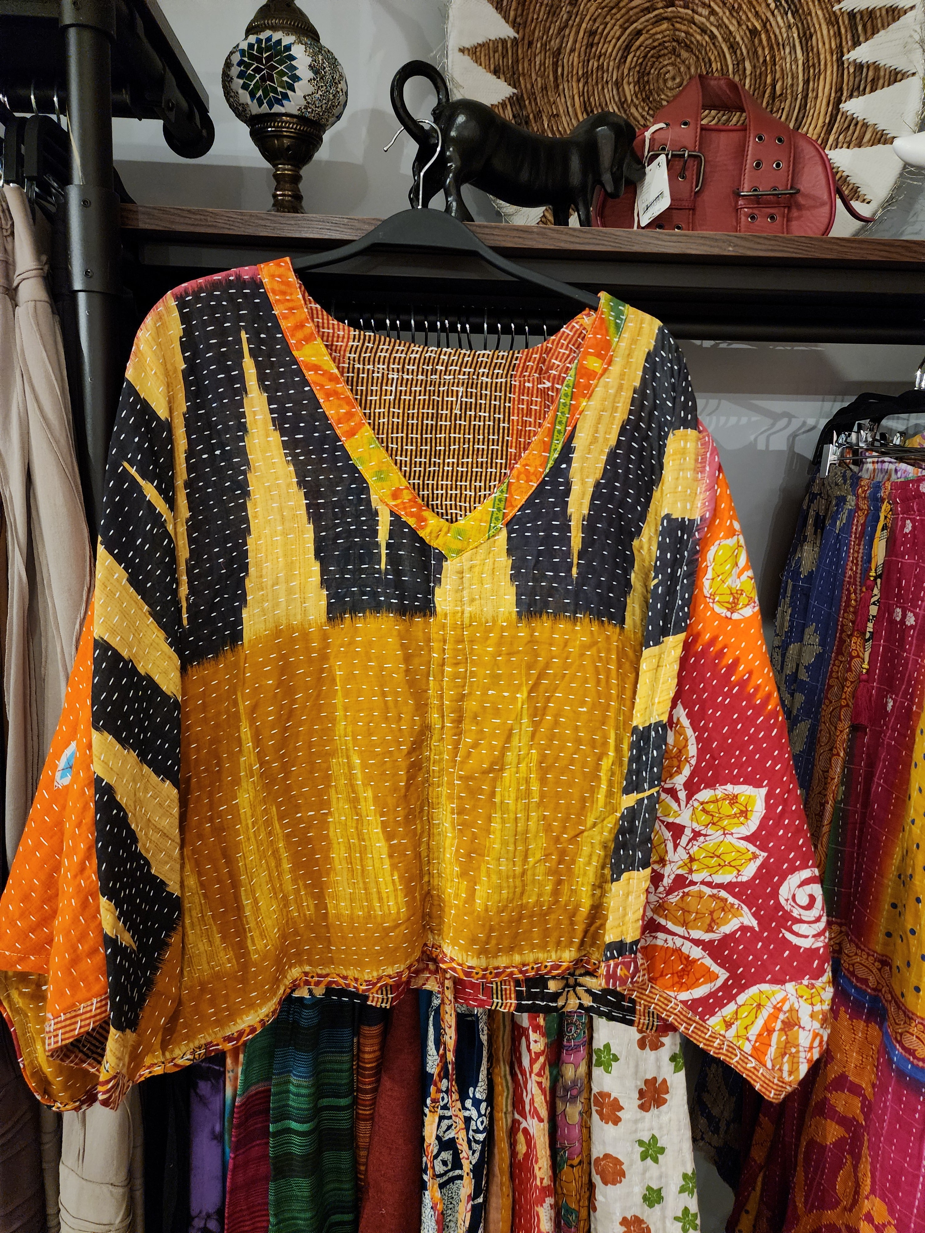 Kantha Tunic Red Mustard vneck Lilac Butterfly Top